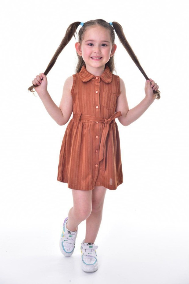 Kız Çocuk Çizgili Kolsuz Bebek Yaka Önden Düğmeli Ve Belden Bağlamalı Pamuklu Yazlık Elbise