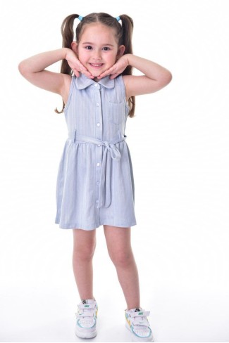 Kız Çocuk Çizgili Kolsuz Bebek Yaka Önden Düğmeli Ve Belden Bağlamalı Pamuklu Yazlık Elbise