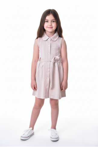 Kız Çocuk Çizgili Kolsuz Bebek Yaka Önden Düğmeli Ve Belden Bağlamalı Pamuklu Yazlık Elbise 