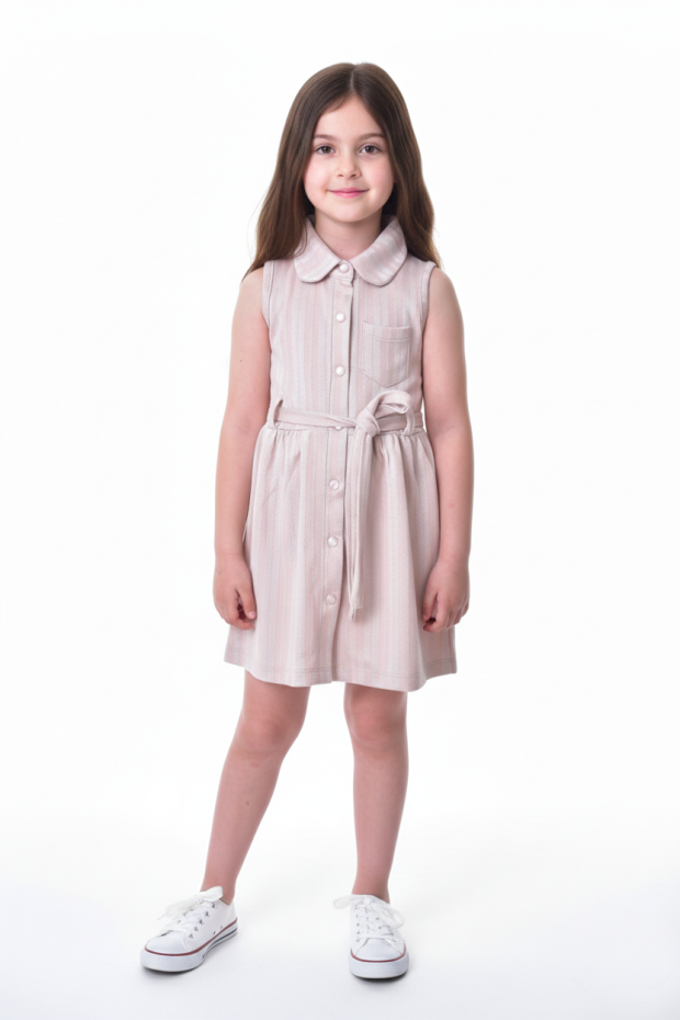 Kız Çocuk Çizgili Kolsuz Bebek Yaka Önden Düğmeli Ve Belden Bağlamalı Pamuklu Yazlık Elbise 