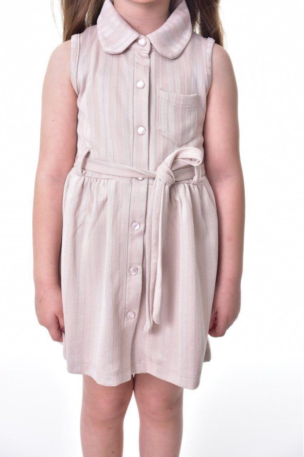 Kız Çocuk Çizgili Kolsuz Bebek Yaka Önden Düğmeli Ve Belden Bağlamalı Pamuklu Yazlık Elbise 