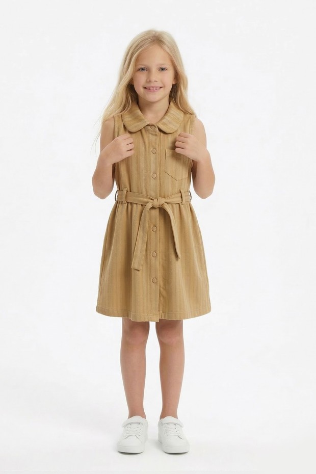 Kız Çocuk Çizgili Kolsuz Bebek Yaka Önden Düğmeli Ve Belden Bağlamalı Pamuklu Yazlık Elbise