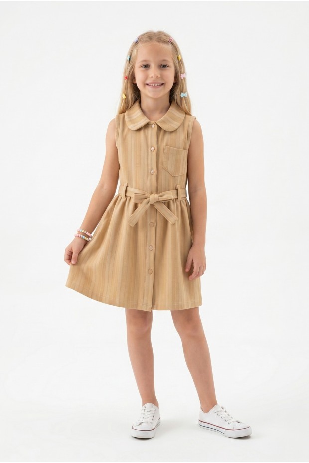 Kız Çocuk Çizgili Kolsuz Bebek Yaka Önden Düğmeli Ve Belden Bağlamalı Pamuklu Yazlık Elbise