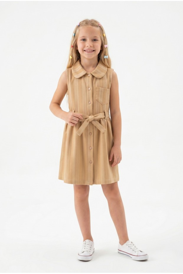 Kız Çocuk Çizgili Kolsuz Bebek Yaka Önden Düğmeli Ve Belden Bağlamalı Pamuklu Yazlık Elbise