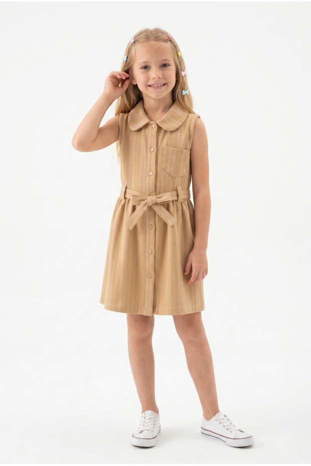 Kız Çocuk Çizgili Kolsuz Bebek Yaka Önden Düğmeli Ve Belden Bağlamalı Pamuklu Yazlık Elbise