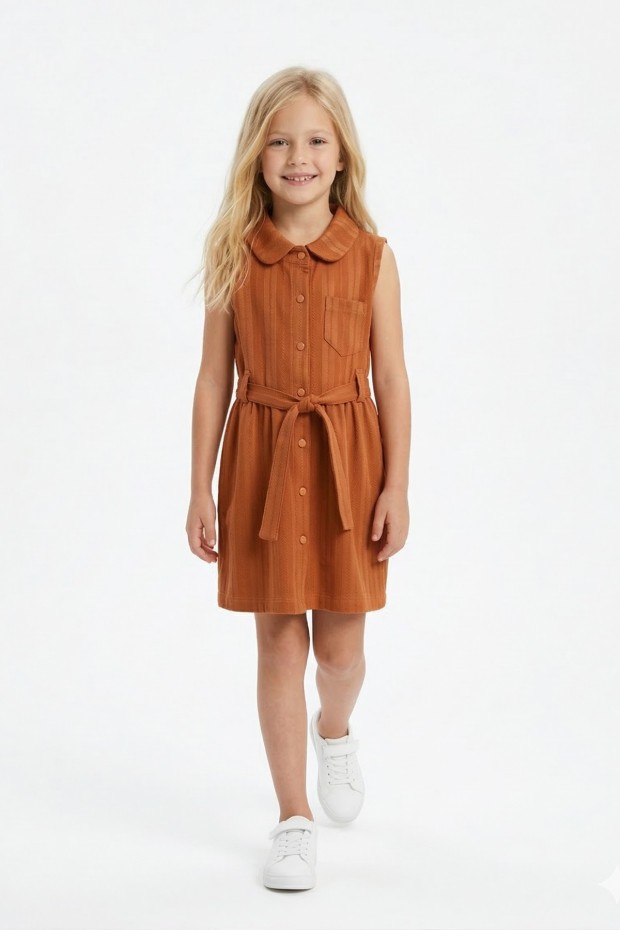 Kız Çocuk Çizgili Kolsuz Bebek Yaka Önden Düğmeli Ve Belden Bağlamalı Pamuklu Yazlık Elbise
