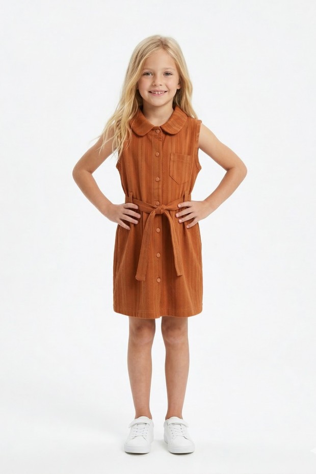 Kız Çocuk Çizgili Kolsuz Bebek Yaka Önden Düğmeli Ve Belden Bağlamalı Pamuklu Yazlık Elbise