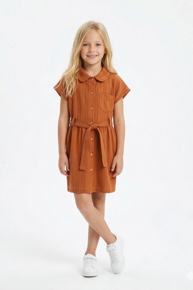 Kız Çocuk Çizgili Kolsuz Bebek Yaka Önden Düğmeli Ve Belden Bağlamalı Pamuklu Yazlık Elbise