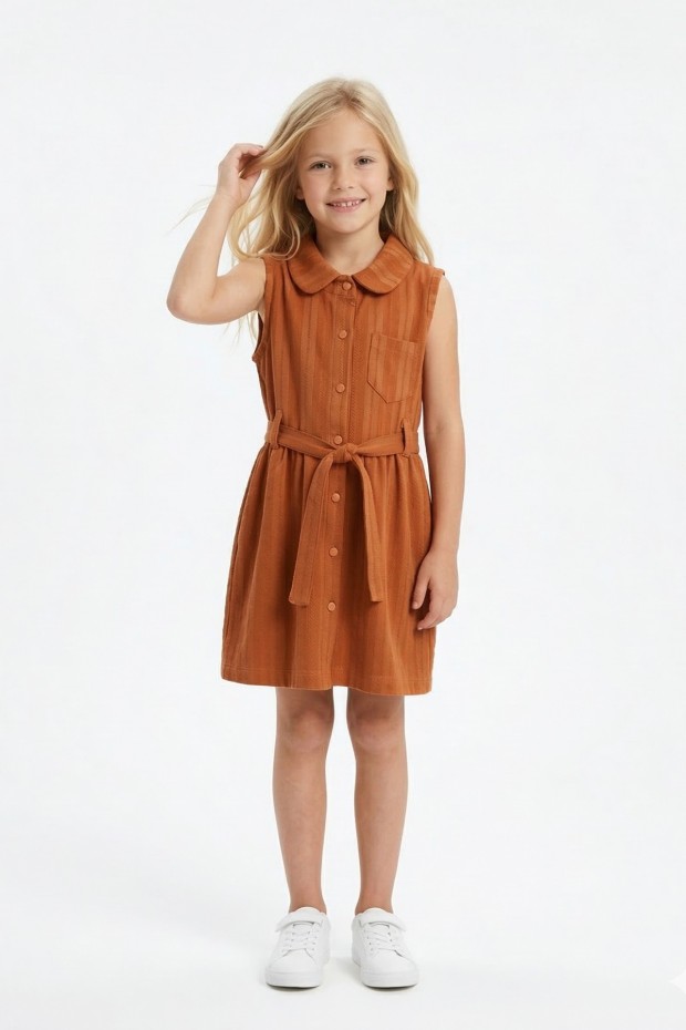 Kız Çocuk Çizgili Kolsuz Bebek Yaka Önden Düğmeli Ve Belden Bağlamalı Pamuklu Yazlık Elbise