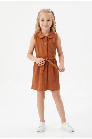 Kız Çocuk Çizgili Kolsuz Bebek Yaka Önden Düğmeli Ve Belden Bağlamalı Pamuklu Yazlık Elbise