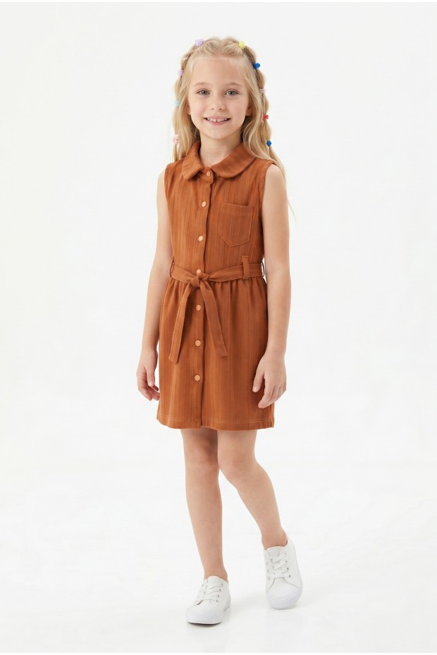 Kız Çocuk Çizgili Kolsuz Bebek Yaka Önden Düğmeli Ve Belden Bağlamalı Pamuklu Yazlık Elbise