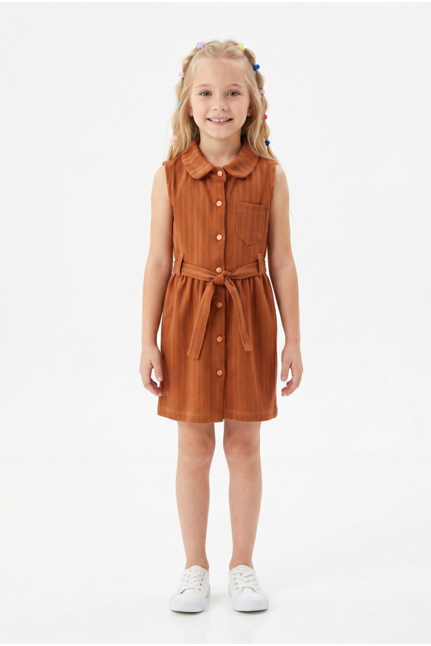 Kız Çocuk Çizgili Kolsuz Bebek Yaka Önden Düğmeli Ve Belden Bağlamalı Pamuklu Yazlık Elbise