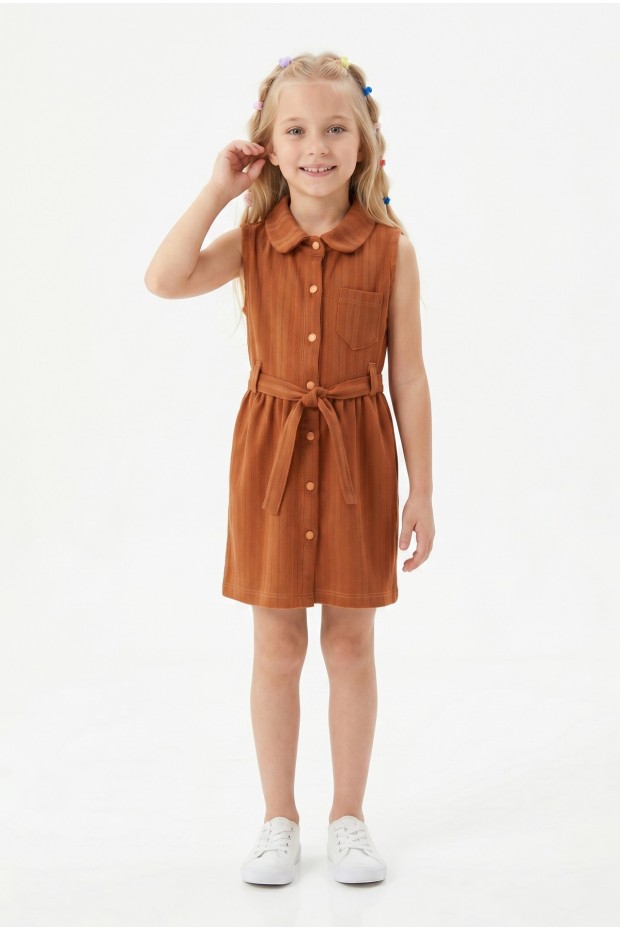 Kız Çocuk Çizgili Kolsuz Bebek Yaka Önden Düğmeli Ve Belden Bağlamalı Pamuklu Yazlık Elbise