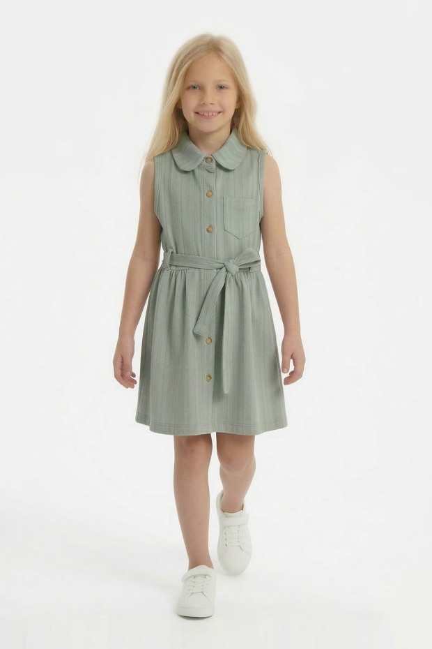 Kız Çocuk Çizgili Kolsuz Bebek Yaka Önden Düğmeli Ve Belden Bağlamalı Pamuklu Yazlık Elbise