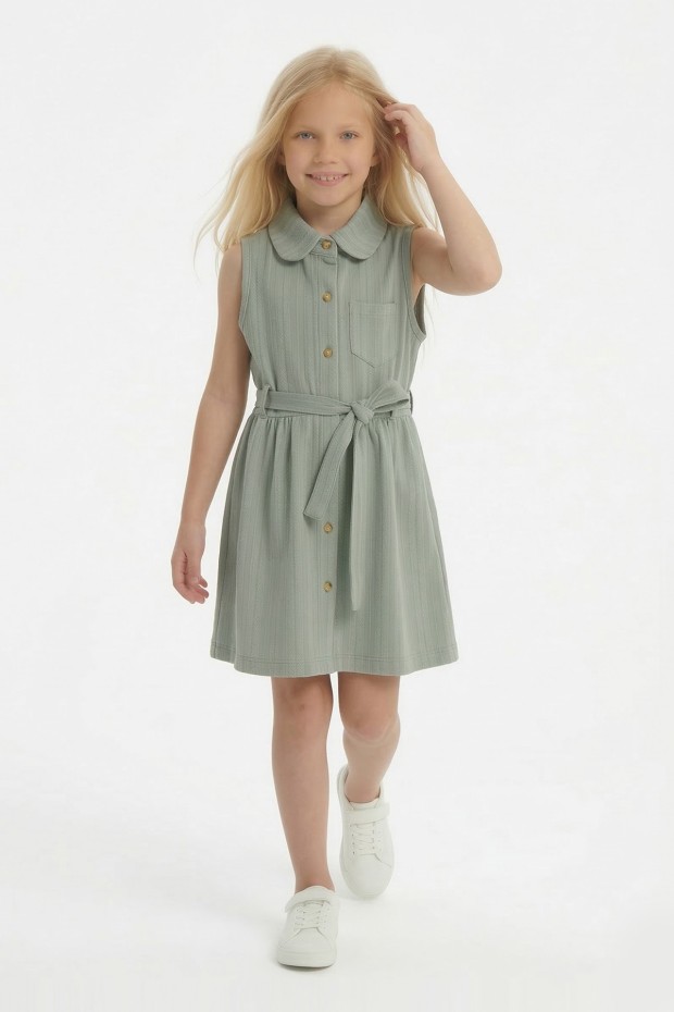 Kız Çocuk Çizgili Kolsuz Bebek Yaka Önden Düğmeli Ve Belden Bağlamalı Pamuklu Yazlık Elbise