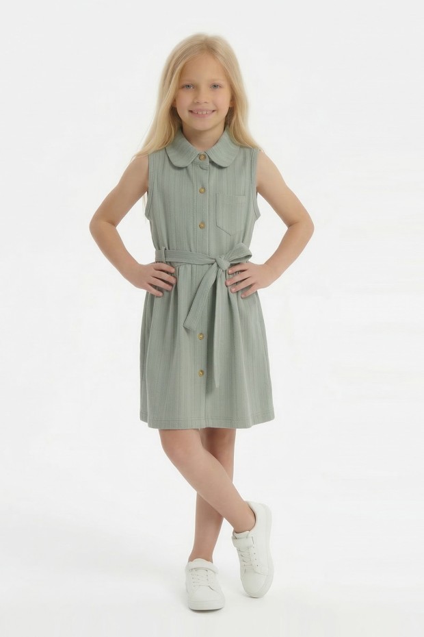 Kız Çocuk Çizgili Kolsuz Bebek Yaka Önden Düğmeli Ve Belden Bağlamalı Pamuklu Yazlık Elbise