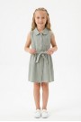 Kız Çocuk Çizgili Kolsuz Bebek Yaka Önden Düğmeli Ve Belden Bağlamalı Pamuklu Yazlık Elbise