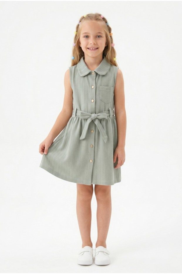 Kız Çocuk Çizgili Kolsuz Bebek Yaka Önden Düğmeli Ve Belden Bağlamalı Pamuklu Yazlık Elbise