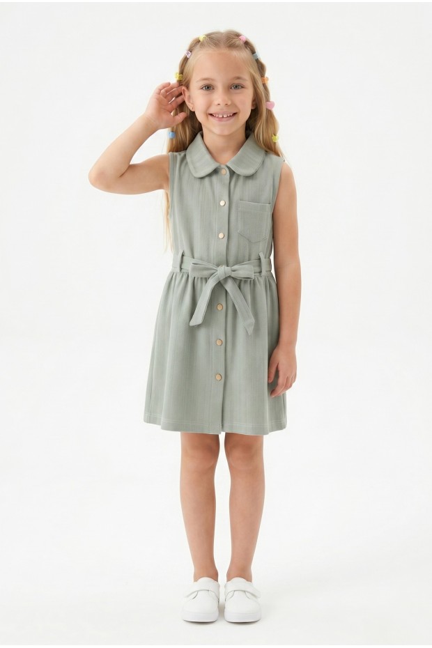 Kız Çocuk Çizgili Kolsuz Bebek Yaka Önden Düğmeli Ve Belden Bağlamalı Pamuklu Yazlık Elbise
