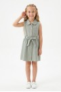 Kız Çocuk Çizgili Kolsuz Bebek Yaka Önden Düğmeli Ve Belden Bağlamalı Pamuklu Yazlık Elbise
