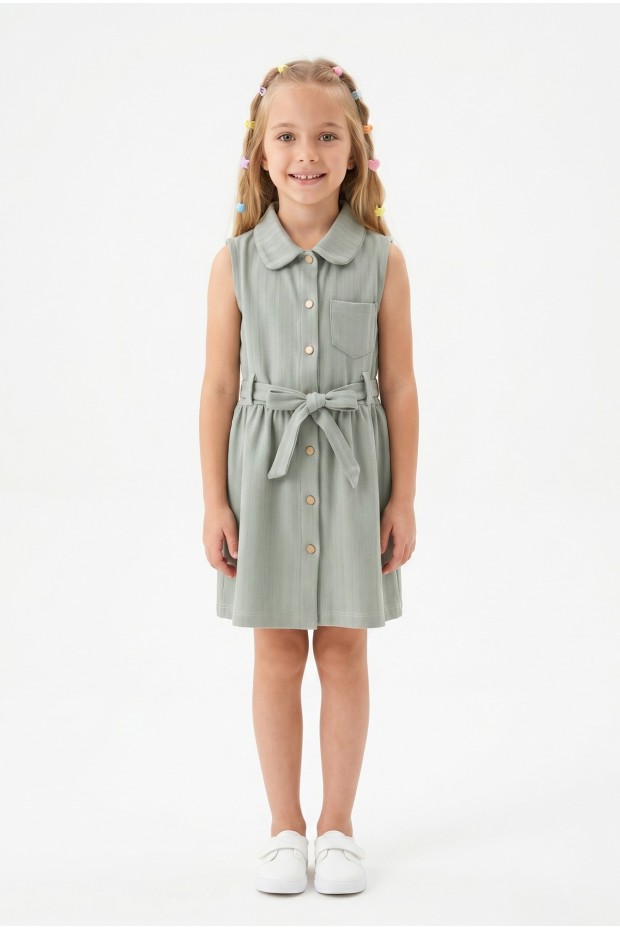 Kız Çocuk Çizgili Kolsuz Bebek Yaka Önden Düğmeli Ve Belden Bağlamalı Pamuklu Yazlık Elbise