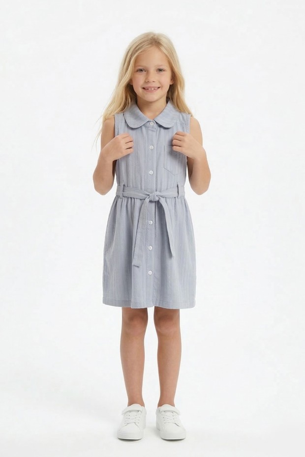 Kız Çocuk Çizgili Kolsuz Bebek Yaka Önden Düğmeli Ve Belden Bağlamalı Pamuklu Yazlık Elbise