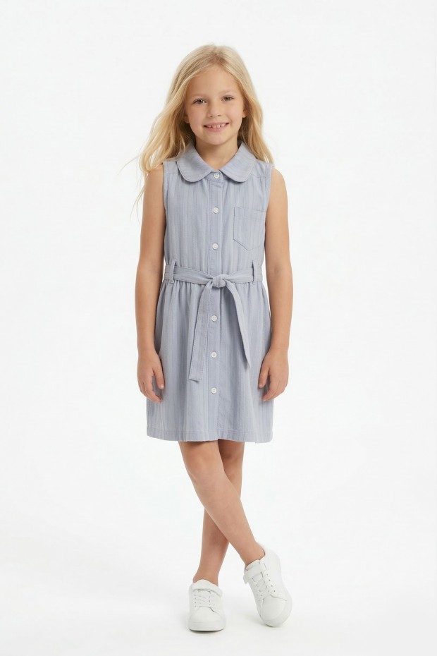 Kız Çocuk Çizgili Kolsuz Bebek Yaka Önden Düğmeli Ve Belden Bağlamalı Pamuklu Yazlık Elbise