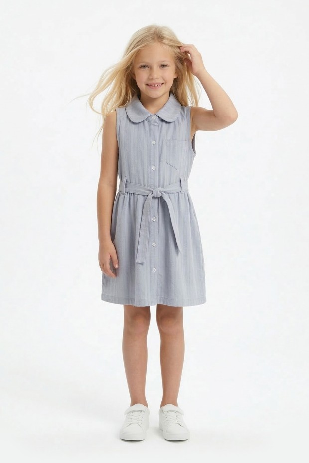 Kız Çocuk Çizgili Kolsuz Bebek Yaka Önden Düğmeli Ve Belden Bağlamalı Pamuklu Yazlık Elbise