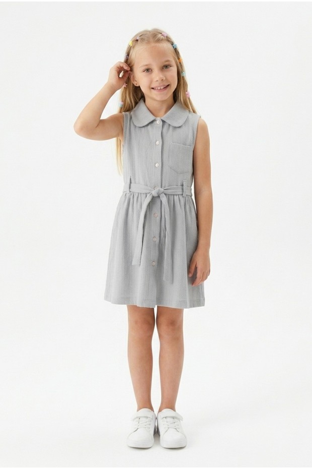 Kız Çocuk Çizgili Kolsuz Bebek Yaka Önden Düğmeli Ve Belden Bağlamalı Pamuklu Yazlık Elbise