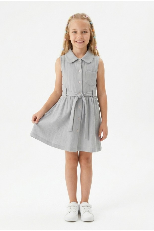 Kız Çocuk Çizgili Kolsuz Bebek Yaka Önden Düğmeli Ve Belden Bağlamalı Pamuklu Yazlık Elbise