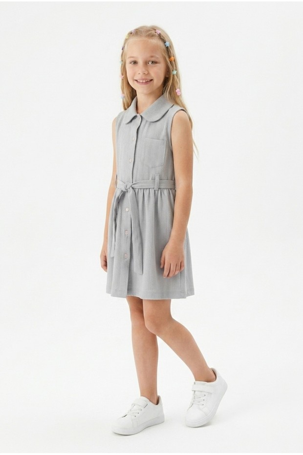 Kız Çocuk Çizgili Kolsuz Bebek Yaka Önden Düğmeli Ve Belden Bağlamalı Pamuklu Yazlık Elbise