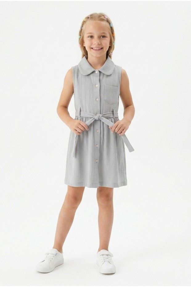 Kız Çocuk Çizgili Kolsuz Bebek Yaka Önden Düğmeli Ve Belden Bağlamalı Pamuklu Yazlık Elbise