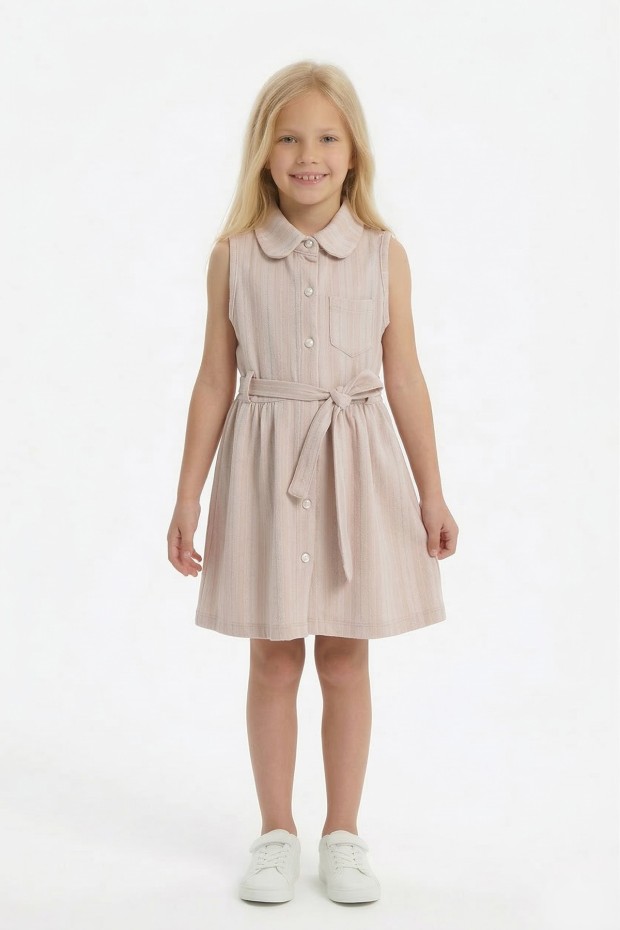 Kız Çocuk Çizgili Kolsuz Bebek Yaka Önden Düğmeli Ve Belden Bağlamalı Pamuklu Yazlık Elbise 