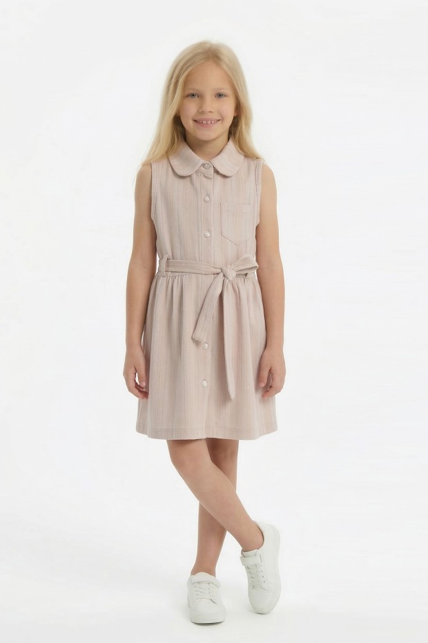 Kız Çocuk Çizgili Kolsuz Bebek Yaka Önden Düğmeli Ve Belden Bağlamalı Pamuklu Yazlık Elbise 