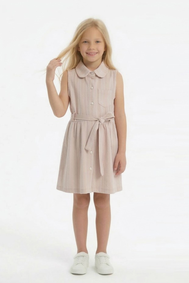 Kız Çocuk Çizgili Kolsuz Bebek Yaka Önden Düğmeli Ve Belden Bağlamalı Pamuklu Yazlık Elbise 