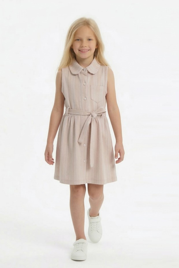 Kız Çocuk Çizgili Kolsuz Bebek Yaka Önden Düğmeli Ve Belden Bağlamalı Pamuklu Yazlık Elbise 