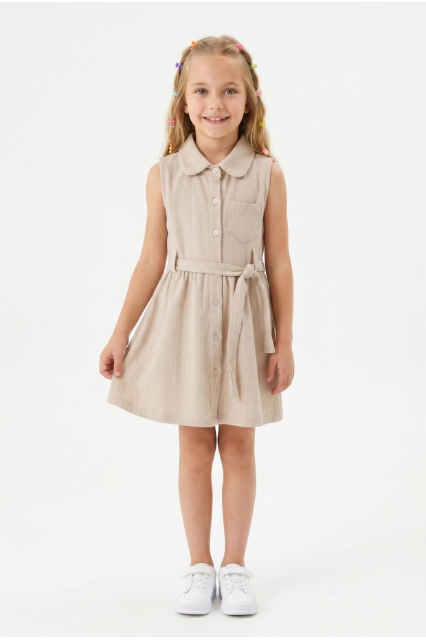 Kız Çocuk Çizgili Kolsuz Bebek Yaka Önden Düğmeli Ve Belden Bağlamalı Pamuklu Yazlık Elbise 
