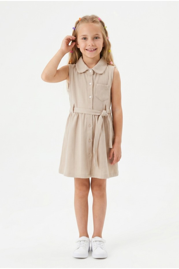 Kız Çocuk Çizgili Kolsuz Bebek Yaka Önden Düğmeli Ve Belden Bağlamalı Pamuklu Yazlık Elbise 