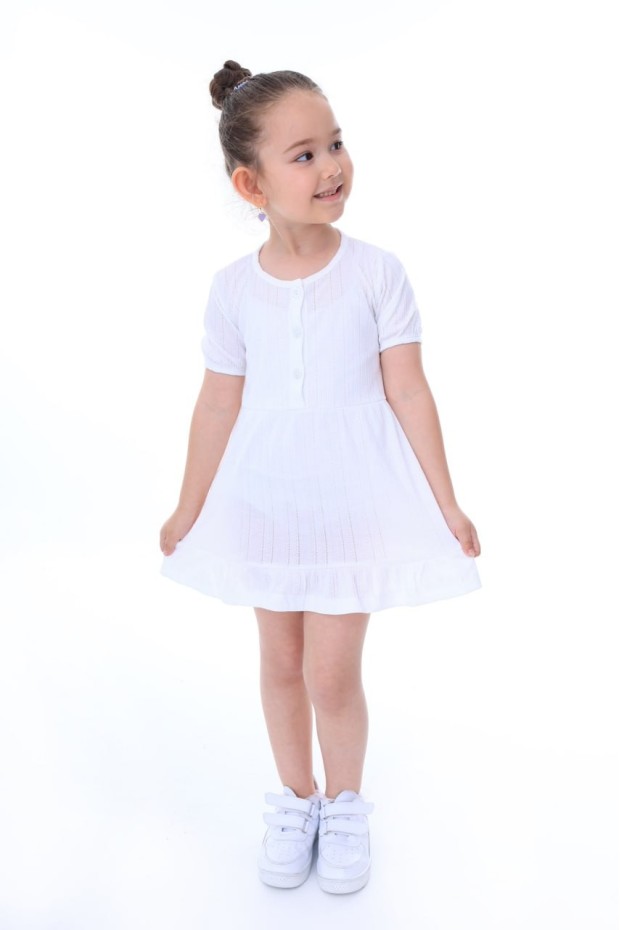 Kız Çocuk Kısa Kollu Düğme Detaylı Ve Etek Ucu Fırfırlı Pamuklu Yazlık Elbise