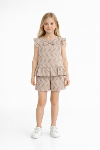 Kız Çocuk Fırfırlı Dalga Desenli Fiyonk Detaylı Volanlı Bluz ve Şort Takım