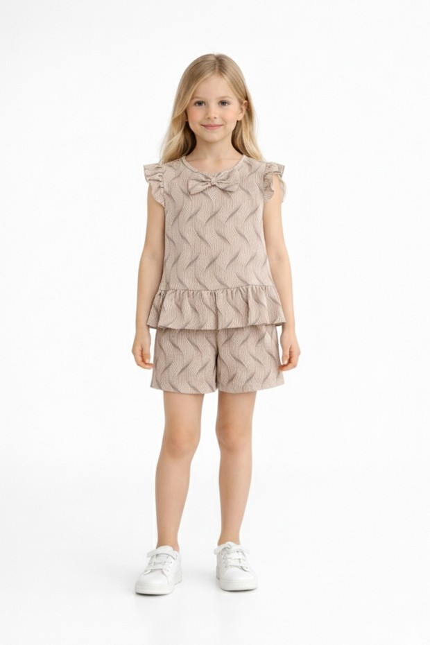 Kız Çocuk Fırfırlı Dalga Desenli Fiyonk Detaylı Volanlı Bluz ve Şort Takım