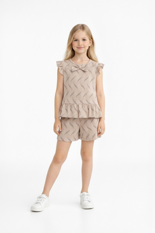Kız Çocuk Fırfırlı Dalga Desenli Fiyonk Detaylı Volanlı Bluz ve Şort Takım