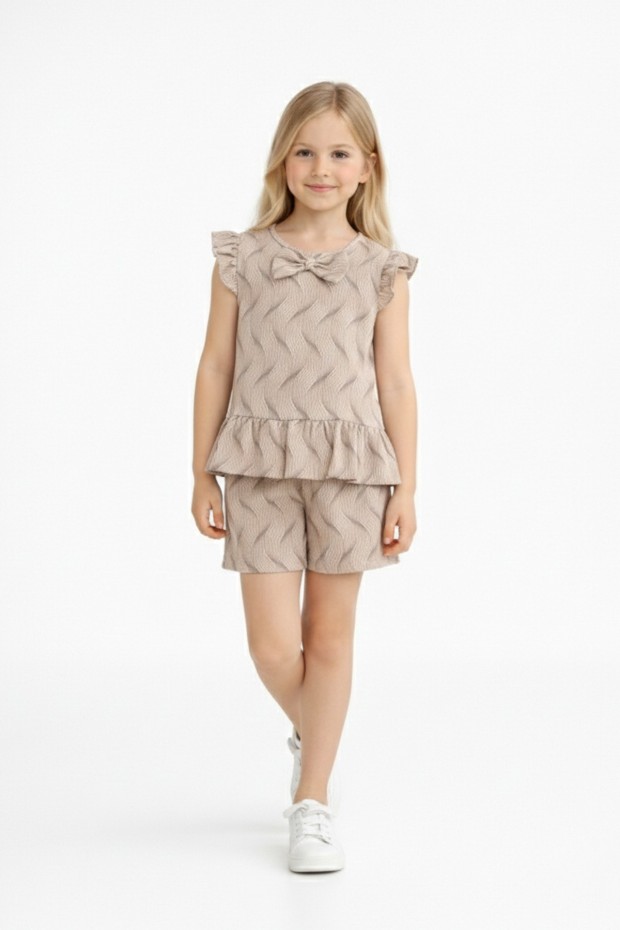 Kız Çocuk Fırfırlı Dalga Desenli Fiyonk Detaylı Volanlı Bluz ve Şort Takım