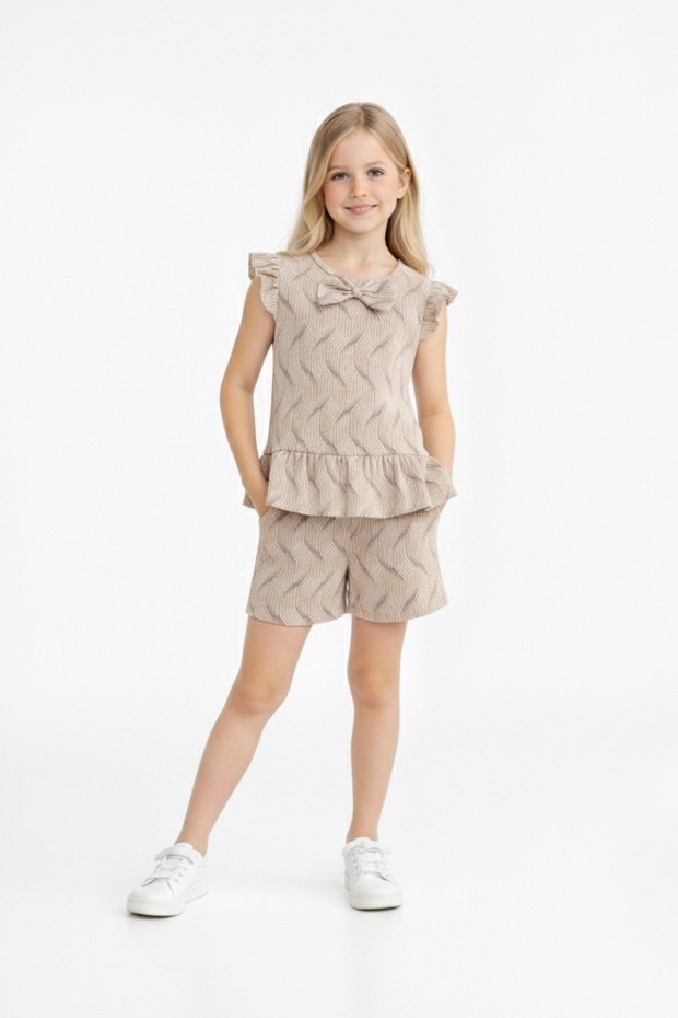 Kız Çocuk Fırfırlı Dalga Desenli Fiyonk Detaylı Volanlı Bluz ve Şort Takım