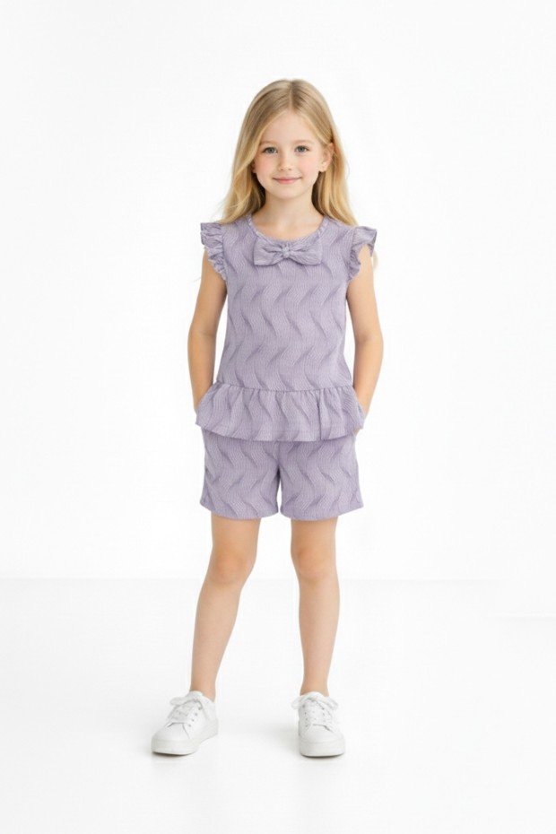 Kız Çocuk Fırfırlı Dalga Desenli Fiyonk Detaylı Volanlı Bluz ve Şort Takım