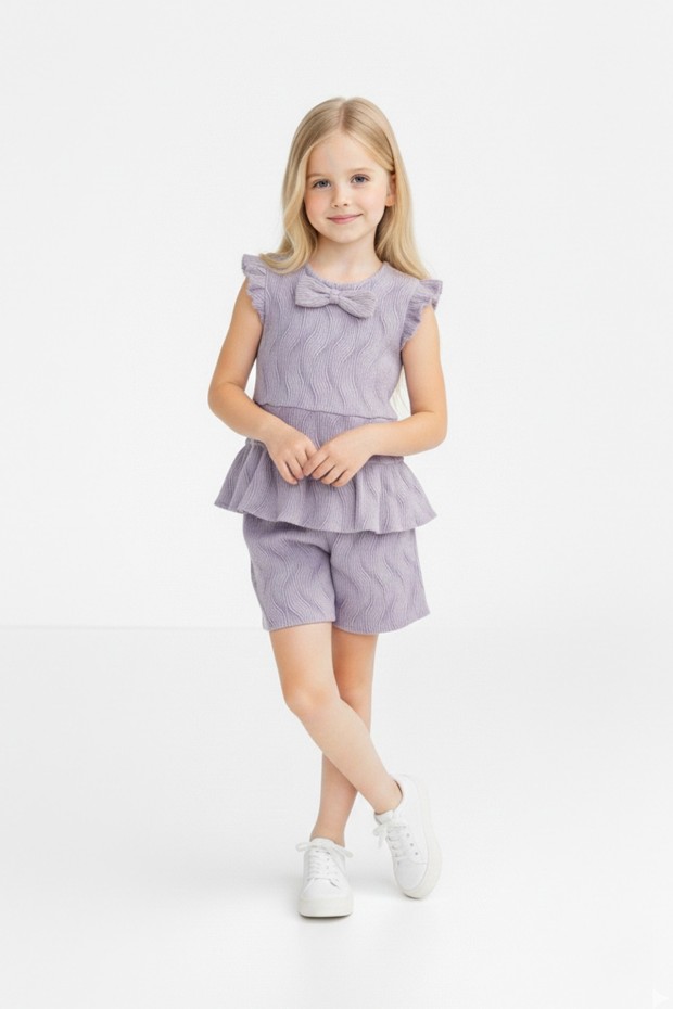 Kız Çocuk Fırfırlı Dalga Desenli Fiyonk Detaylı Volanlı Bluz ve Şort Takım