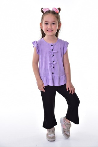 Kız Çocuk Kolsuz Fiyonk Detaylı Düğmeli Bluz Ve İspanyol Paça Pantolon Takım 