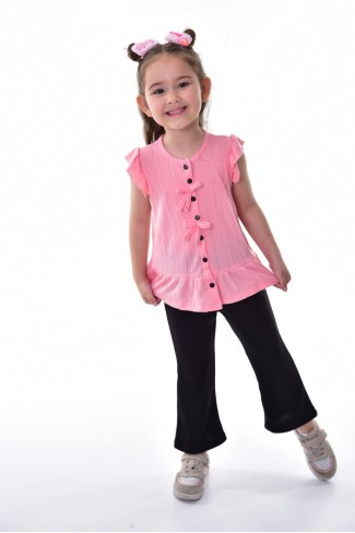 Kız Çocuk Kolsuz Fiyonk Detaylı Düğmeli Bluz Ve İspanyol Paça Pantolon Takım 