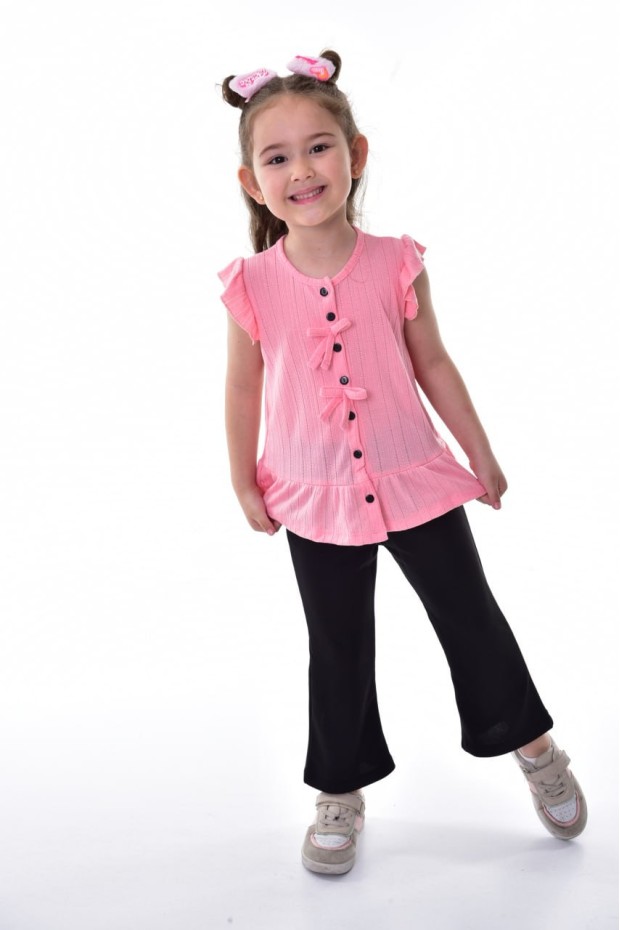 Kız Çocuk Kolsuz Fiyonk Detaylı Düğmeli Bluz Ve İspanyol Paça Pantolon Takım 