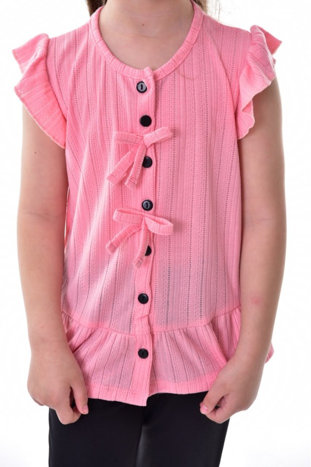 Kız Çocuk Kolsuz Fiyonk Detaylı Düğmeli Bluz Ve İspanyol Paça Pantolon Takım 